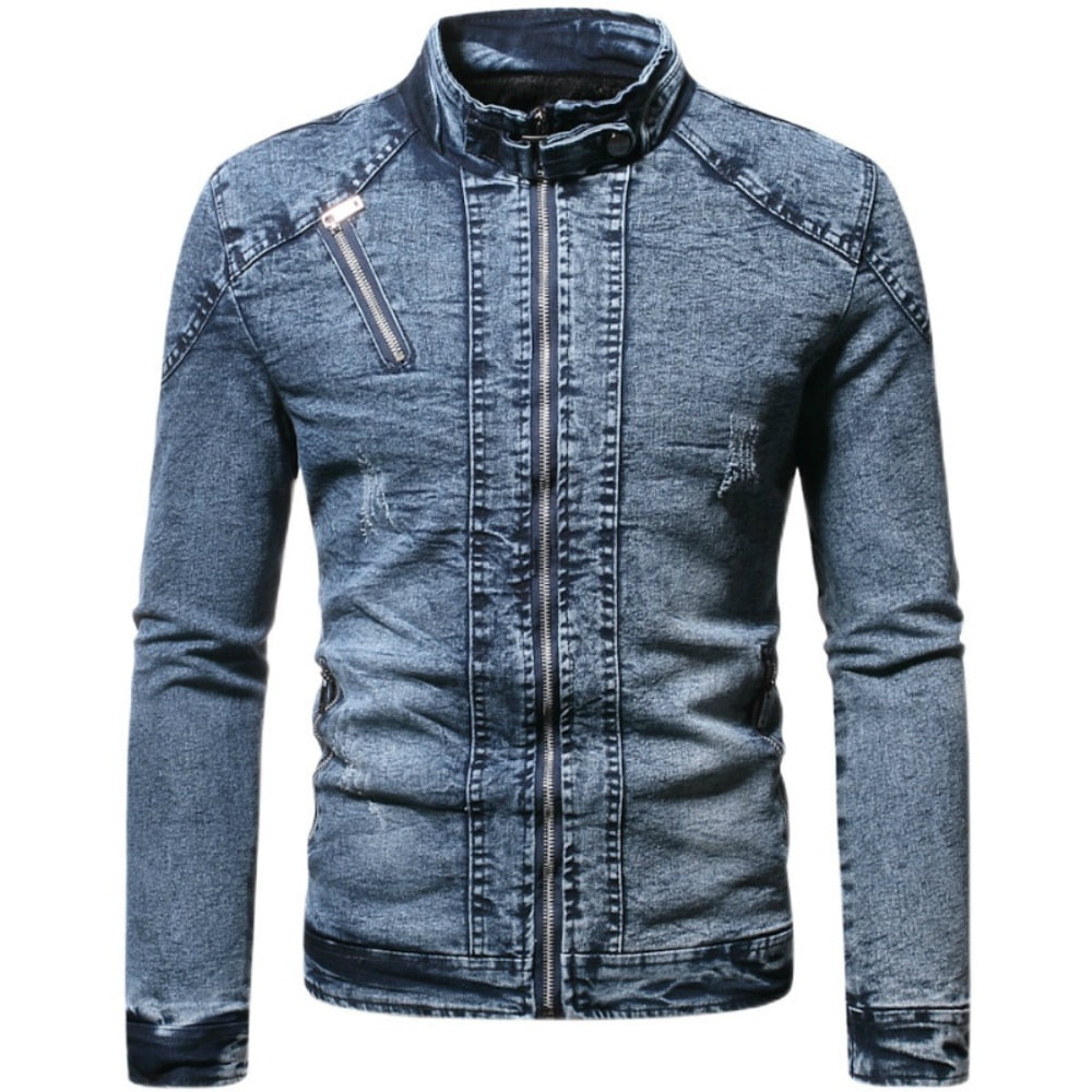 Denim Jacket Men Moto Biker Jean Jacket Autumn Winter Fashion Solid Plus Velvet Stand Collar Mens Denim Jacket Casual Coat Men